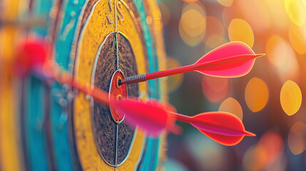 Close up on a vibrant archery target, highlighting two arrows striking the bullseye. The image symbolizes achieving goals and precision in a creative or business context.