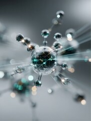 Abstract scientific design shows a complex atom structure with several smaller spheres connected with lines