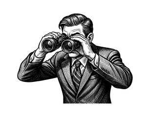 Focused Man in Suit Looking Through Binoculars Black and White Detailed Engraving Style