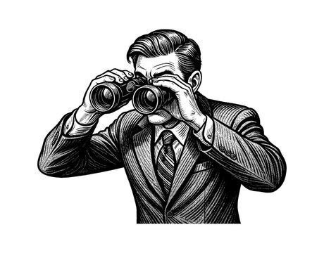 Focused Man in Suit Looking Through Binoculars Black and White Detailed Engraving Style