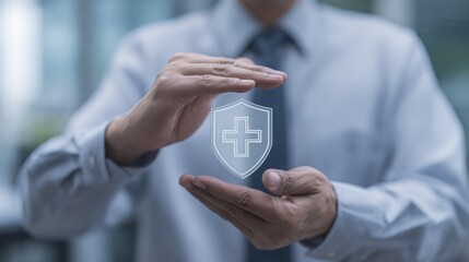 Hands Caring for Digital Health Protection Shield Icon Representing Safety and Security in Healthcare Environment