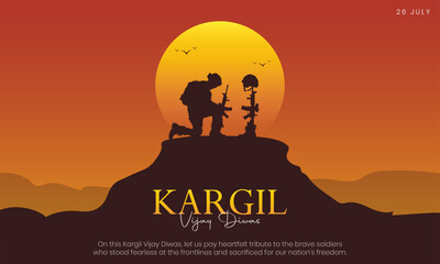 Kargil Vijay Diwas Banner and Greeting Card. 26th July - Kargil Victory Day Celebration with Text and Solder Kneeling Vector Illustration