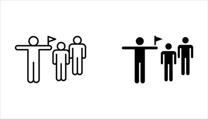 Tour guide icon set. Tourism. Travelling.  Tour guide with a flag outline vector icon on white background