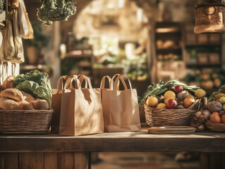 Eco Paper Bags with Fresh Produce at Market — AI Generated
