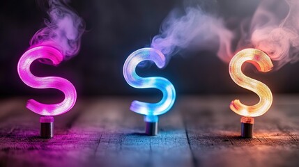 Illuminated Neon Dollar Signs with Smoke Effect on Wooden Surface A creative abstract image perfect for financial concepts
