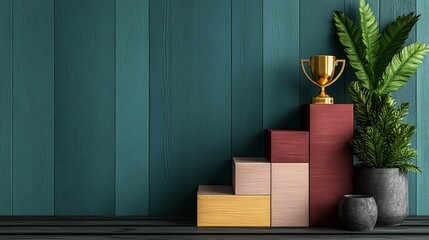 Gold Trophy on Wooden Podium with Plants Against Teal Wall Background Achievement and Success Concept