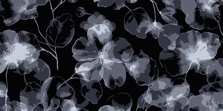 Elegant Monochrome Floral Seamless Pattern Dark Background Watercolor Design