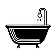 Black and white illustration of a bathtub with shower for relaxation and cleaning
