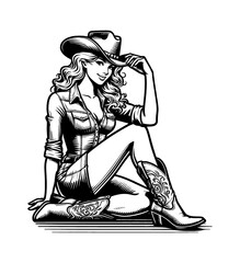 Illustration of Pinup Woman in Cowboy Outfit Sitting and Posing with Smiling Face