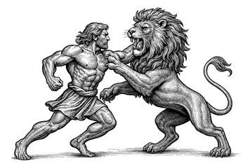Fototapeta premium Hercules wrestling a lion in a powerful showdown, detailed engraving, epic battle, strength.