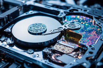 Close-Up of Open Hard Drive with Reflective Surface. Generative AI.