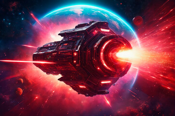 Futuristic Spaceship Firing Lasers in Deep Space Battle. Generative AI.