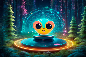 Cute Alien Character in a Forest Holographic Scene. Generative AI.