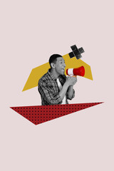 Pop image sketch 3d collage of happy girl guy activist stand cross icon refusal demonstration...