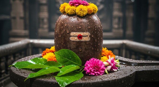 Close-up of Shiva Lingam with bel leaves, datura flowers and water drops, bottom copy space.