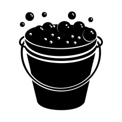 Black and white illustration of a bucket filled with soapy bubbles for cleaning or washing