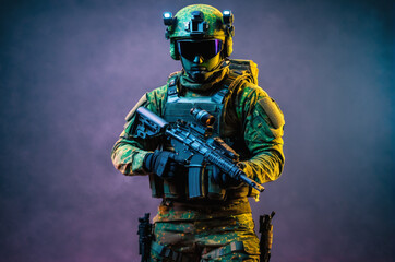 Armed Soldier in Tactical Gear Holding Rifle. Generative AI.