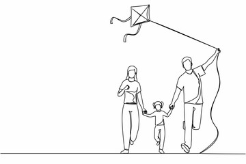 Continuous one line drawing family weekend with parents and child walking in park. Fun family running, rest at nature on vacation. Dad, mom, and daughter launches kite. Single line draw design vector