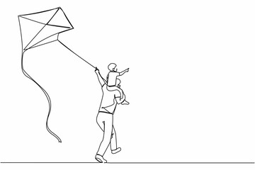 Single continuous line drawing back view daddy gives happy boy son piggyback ride flying kite outdoors. Father carry laughing son on shoulders and fly kite in countryside. One line draw design vector