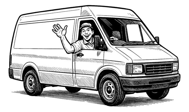 Fototapeta Smiling Man Driving Van Waving Hand in Detailed Black and White Engraved Illustration