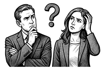Doubtful Man and Woman Thinking with Question Mark Above Their Heads in Engrave Style