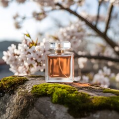 Luxurious perfume bottle against a backdrop of blossoming cherry trees on a mossy rock displaying elegant fragrance design and springtime freshness