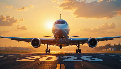 An airplane rises above the large 2026 sign on the runway during sunset, symbolizing new beginnings or futuristic journeys in the aviation industry.