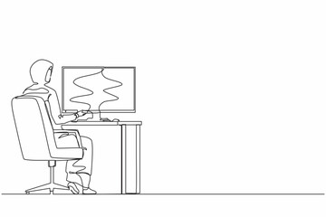 Single one line drawing back view Arab businesswoman works on computer. Woman sitting on chair behind office desk. Business person working on monitor screen. Continuous line draw design graphic vector
