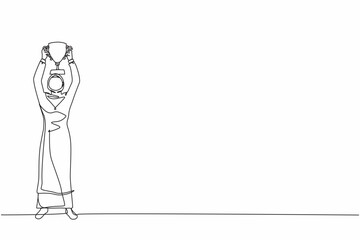 Single one line drawing happy Arabian businesswoman standing and lifting trophy. Career goal icon. Victory sign or symbol. Winner pose. Success, goal, achievement. Continuous line draw design vector