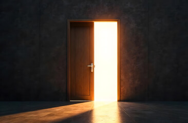   The door front view, Light shines through the door, an open door in an empty hall from which light comes, a door to heaven