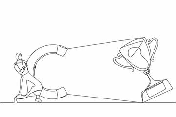 Single one line drawing Arabic businesswoman attracting big trophy with huge magnet. Victory sign. Success, achievement, business goals concept. Continuous line draw design graphic vector illustration