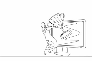 Single continuous line drawing Arabic businesswoman pulls out trophy cup from computer screen. Working on award winning project, freelance job, online work, winner. One line draw graphic design vector