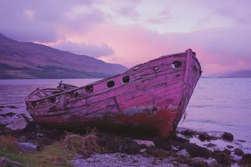 Selbstklebende Fototapeten Ship Wreck Wood. Purple Sky over Old Shipwreck in Scottish Sea © Maryna