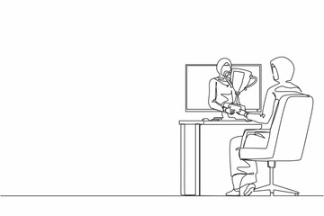 Single continuous line drawing beautiful Arabian businesswoman holds out golden cup from monitor to a happy office worker. Award in the online contest. One line draw graphic design vector illustration