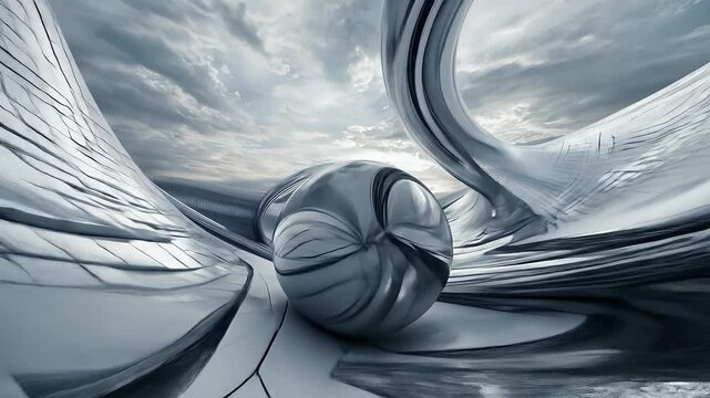 Silver Metallic Abstract Geometric Shape on Metallic Background with Curves And Futuristic Art And Cloudy Sky For Adobe Stock Photo