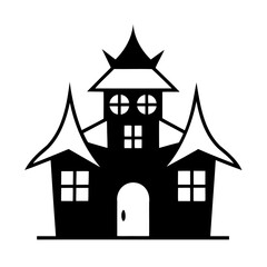Black and white illustration of a spooky halloween house silhouette isolated on white
