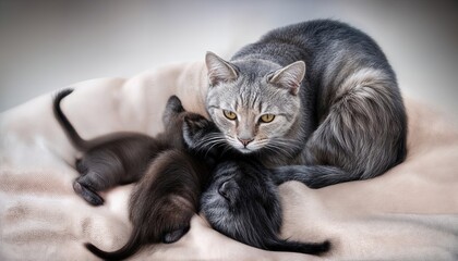 Asian Grey Female Cat Tending to Her Three Kittens in a Comfortable Living Space, Exuding Tranquility and Love During a Peaceful Evening