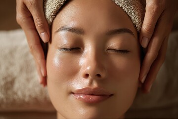 Naklejka premium Asian woman receiving facial massage therapy at a spa for healthy skin and relaxation