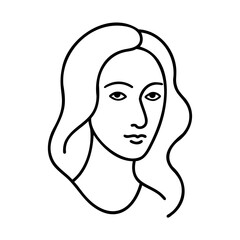 Elegant line drawing of a woman's face with flowing hair in simple black and white