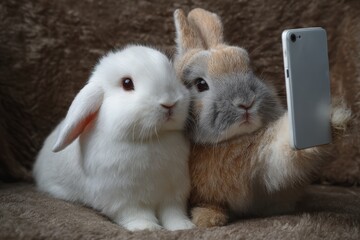 Obraz premium Adorable pet rabbits taking a playful selfie, showcasing cute bunny expressions with fluffy fur textures for heartwarming animal photography enthusiasts and pet lovers