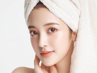 Young woman with white towel on head in close-up studio shot is touching her neck gently and smiling