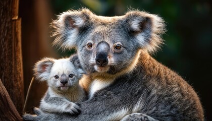 Fototapeta premium Adorable Australian Koalas Grazing under a Spectacular Sunset Sky, Mother Cradles Her Baby in a Moment of Love and Tranquility amidst the Rich Tones of an Australian Landscape.