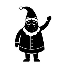 Black and white illustration of a smiling santa claus waving a greeting hand
