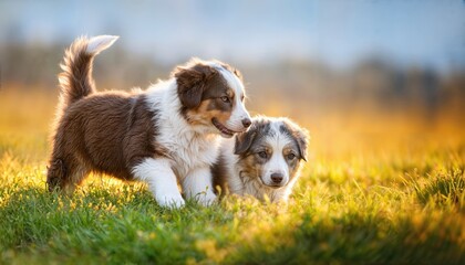 Playful Aussie Pups Frolic Amongst Lush Green Grass, Capturing Youthful Energy and Blissful Joy in a Sunlit Meadow.