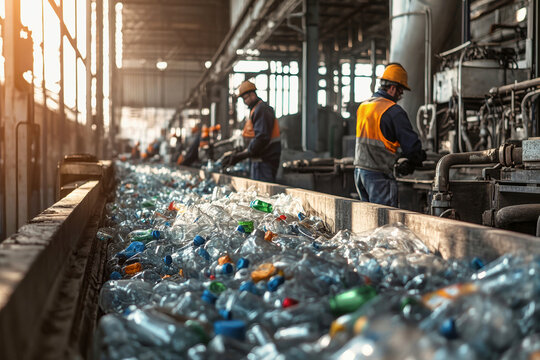 Workers efficiently sorting plastic bottles in a vibrant recycling plant under natural lighting