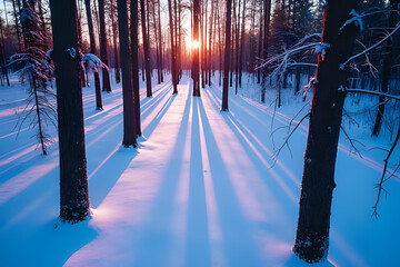 Drone shot of a snowy forest with long tree shadows cast by low sun - Winter landscape with dramatic contrast between snow and trees