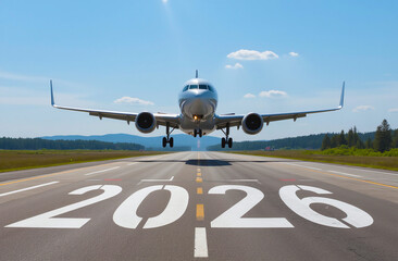 Airplane approaching for landing on a runway painted with the year 2026. The striking visual of the large aircraft and symbolic number signifies progress toward future milestones.