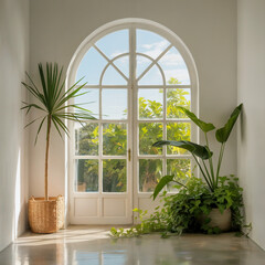 Bright White Room with Arched French Door and Tropical Indoor Plants