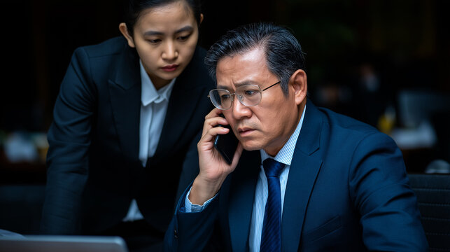 Two professionals collaborate at a business meeting, one using a laptop while the other speaks on a mobile phone. They appear focused and engaged in their tasks in a contemporary office