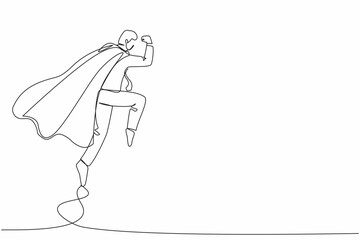 Single one line drawing superhero businessman parry blow. Man in superman costume and mantle standing after fight. Victory, winner concept. Modern continuous line design graphic vector illustration